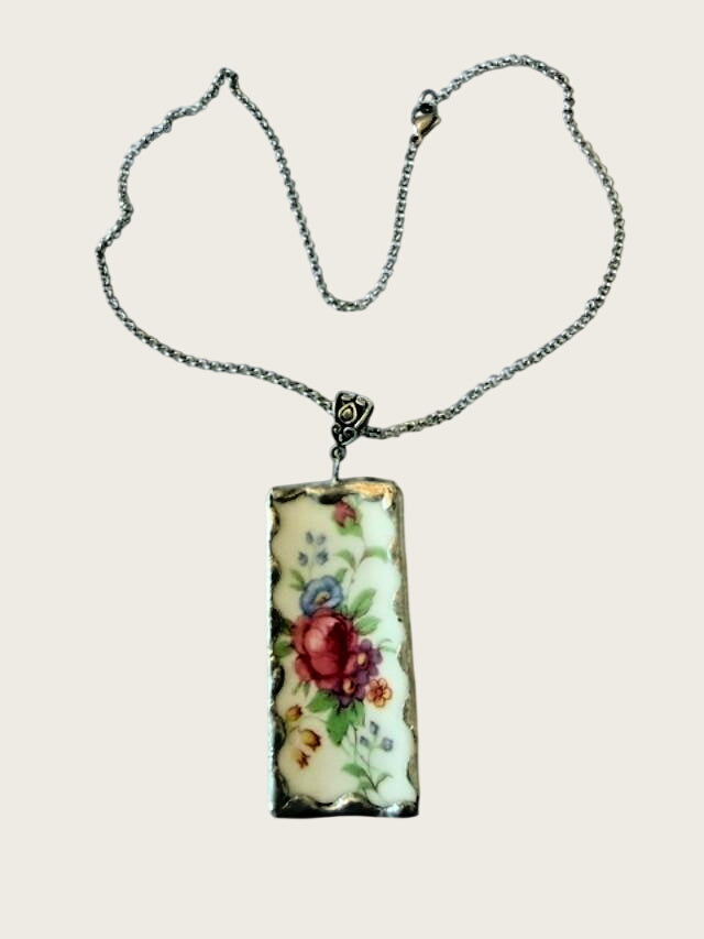 Handmade Broken China Floral Pendant Necklace Soldered Silver Tone 16" 2" Pendan