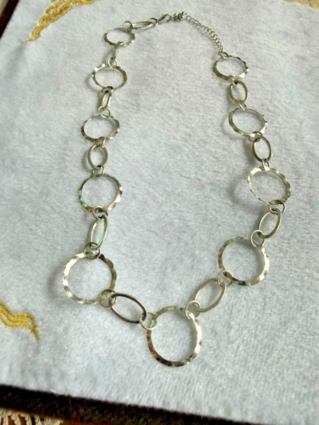 Silver Tone Hammered Open Circle Oval Link Statement Necklace 20"