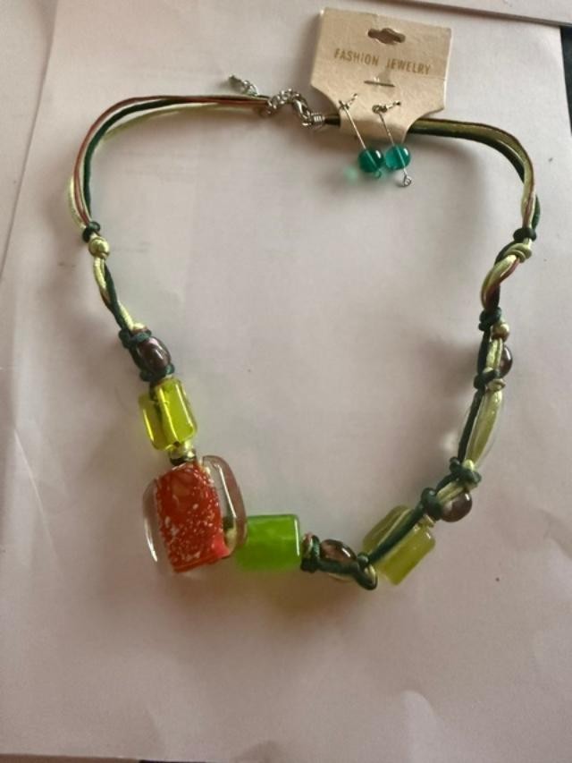 Vintage Colorful Glass Bead Cord Necklace & Earrings Set aprox 20 inch