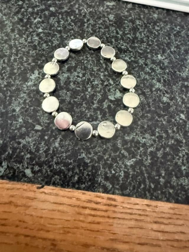 Silver Tone Flat Round Disc Bead Stretch Bracelet Minimalist Boho