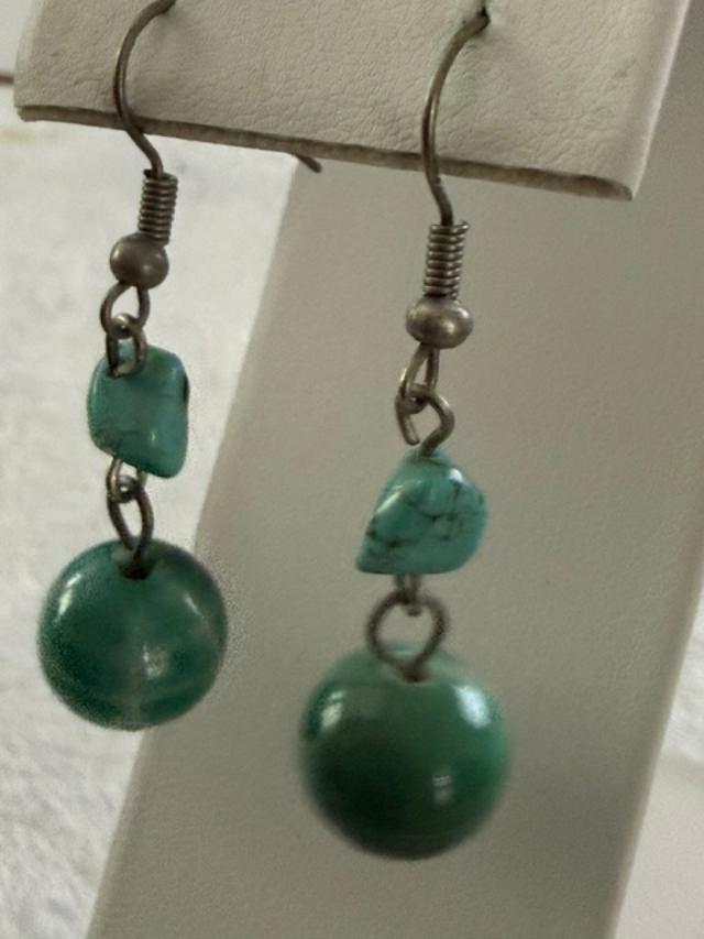 Green Turquoise Gemstone Chip & Round Bead Dangle Earrings Silver Tone 1"