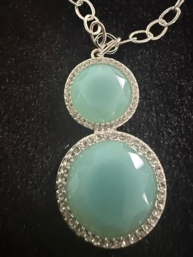 SAQ Aqua Blue Faceted Rhinestone Necklace & Earrings Set Silver Tone