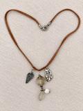 Brown Suede Cord Heart Charm Beaded Choker Necklace 14" Silver Tone