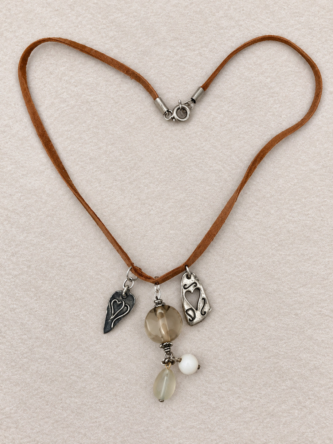 Brown Suede Cord Heart Charm Beaded Choker Necklace 14" Silver Tone