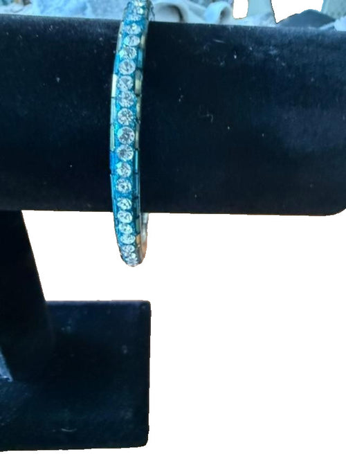 Blue Baguette Clear Rhinestone Glitter Bangle Bracelet Silver Tone