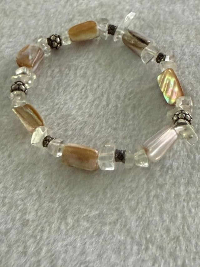 Mother of Pearl Shell Bead Necklace & Bracelet Set Crystal Silver Tone