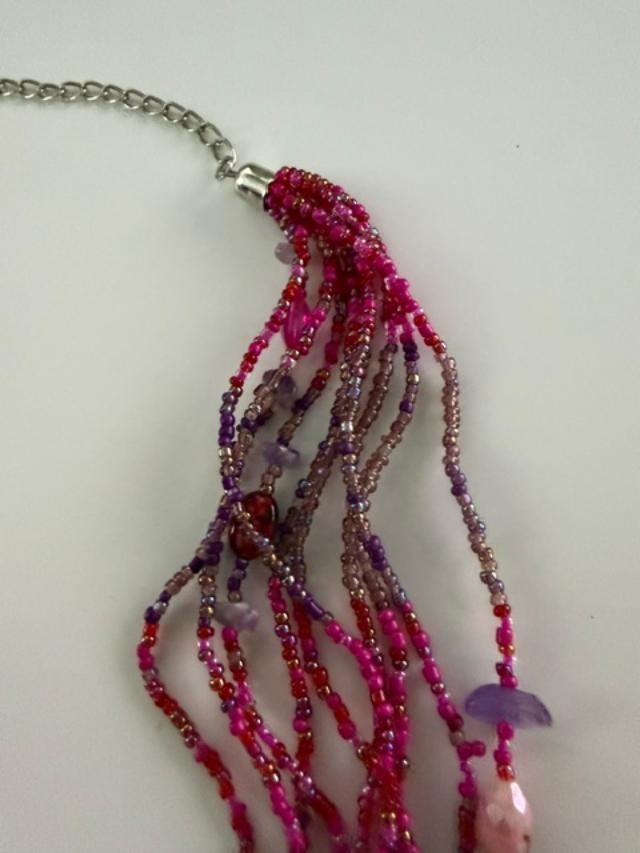 Multi Strand Boho Beaded Necklace Matching Earrings Purple Pink Set 30 inch