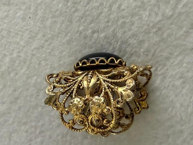 Victorian Revival Gold Tone Filigree Black Oval Cabochon Adjustable Ring