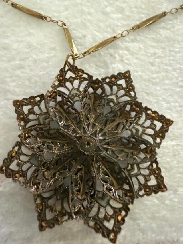 Anne Koplik Designs Filigree Flower Pendant Necklace Red Rhinestone 19"
