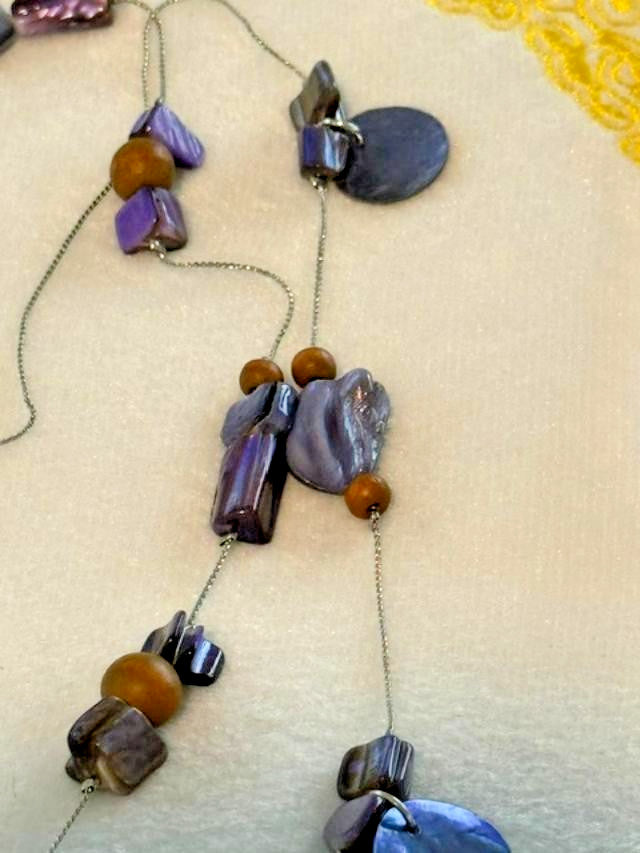 Purple Shell Wood Bead Double Strand Necklace 33 Inch Boho Statement