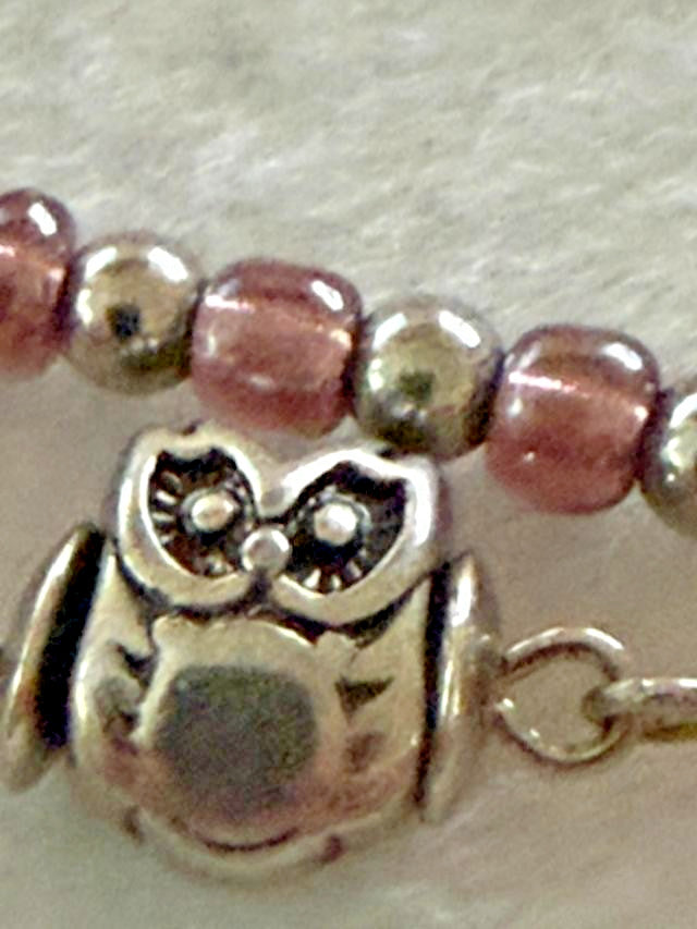 Purple Bead Owl Elephant Charm Multi Strand Necklace 18 Inch Silver Tone