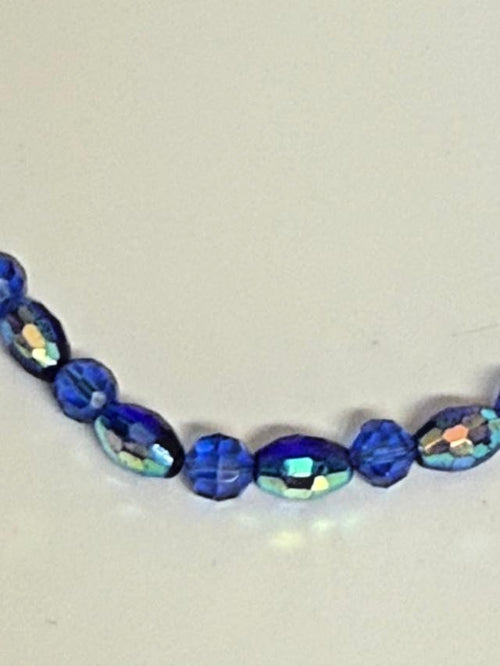 Blue Faceted Glass Bead Necklace 18" AB Accent Silver Tone Toggle