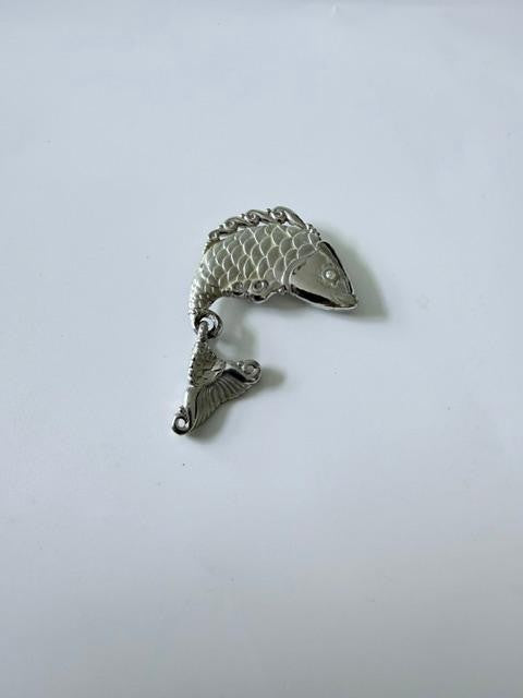 Vintage JJ Jonette Pewter Fish Brooch Articulated Tail AB Rhinestone Eye