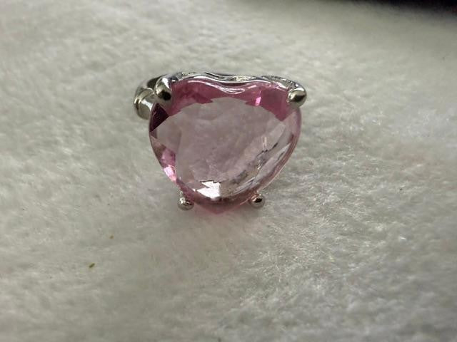 Pink Heart Cut CZ Glass Solitaire Ring Silver Tone Size 10 Statement Ring