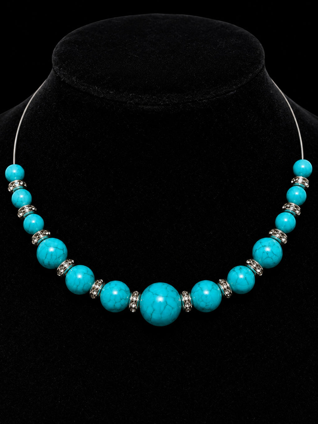 Turquoise Color Beaded Collar Necklac\e Rhinestone Spacers Costume Jewlelry