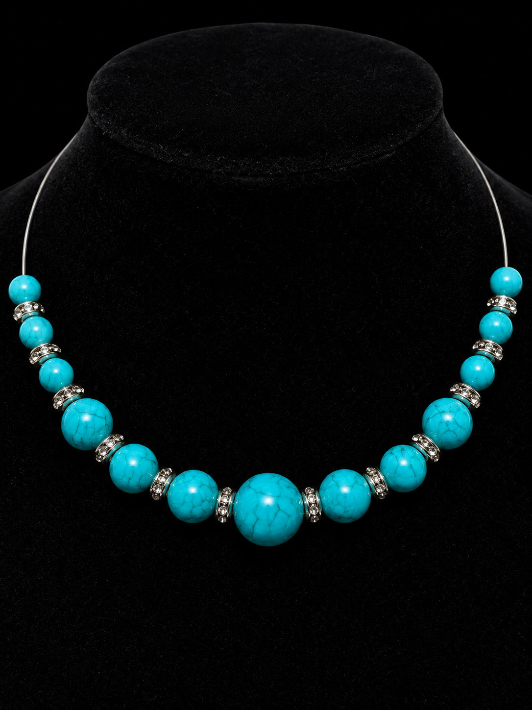 Turquoise Color Beaded Collar Necklac\e Rhinestone Spacers Costume Jewlelry