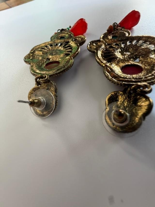 Large Boho Paisley Chandelier Earrings Red Turquoise Gold Tone Statement 4 Inch