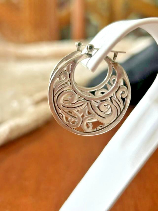 Silver-Tone Ornate Scroll Filigree Round Hoop Earrings Pierced