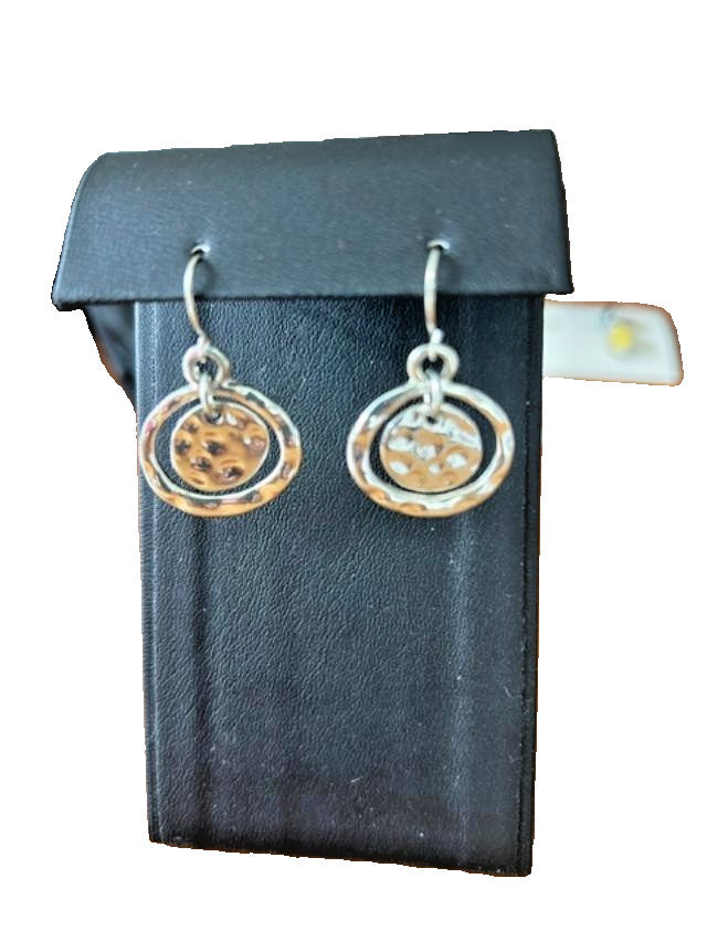 Silver-Tone Hammered Circle Disc Dangle Earrings Fishhook Boho