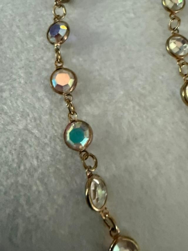 Gold Tone Aurora Borealis Crystal Station Necklace 17" Faceted No Clasp