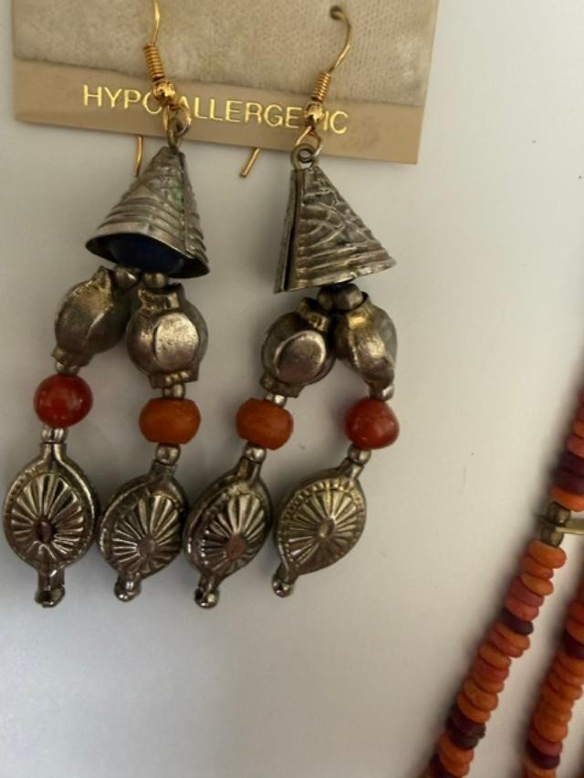 Boho Tribal Bead Necklace Earrings Set Orange Red Brass Tone Dangles