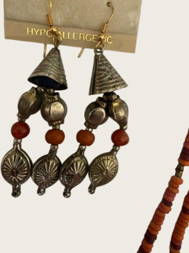 Boho Tribal Bead Necklace Earrings Set Orange Red Brass Tone Dangles