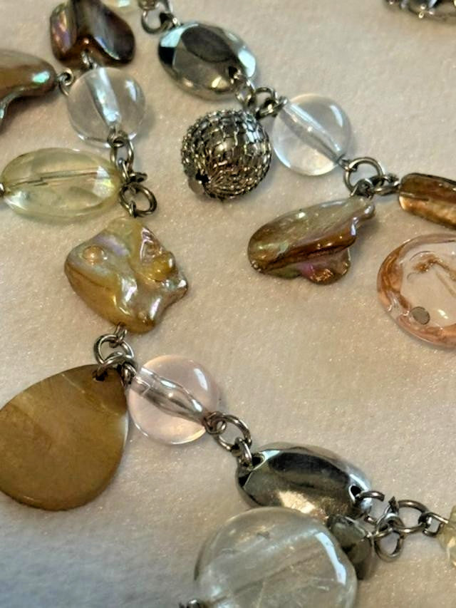 21" Multistrand Iridescent Shell Glass Bead Dangle Statement Necklace