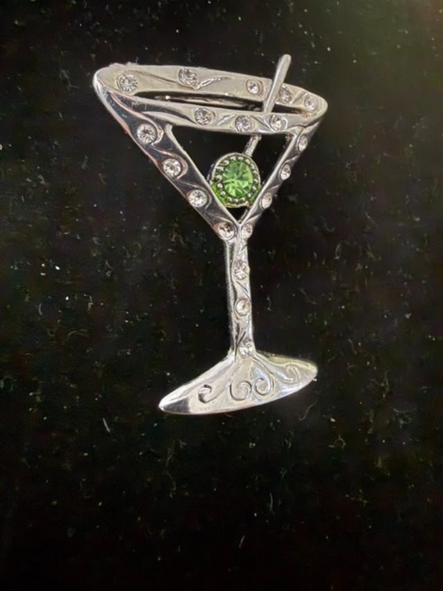 Vintage Style Martini Glass Brooch Silver Tone Rhinestone Cocktail Pin Green Oli