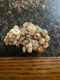 Vtg  Gold Tone Molded Faux Pearls Rhinestones Cluster Flower Pin Brooch MCM