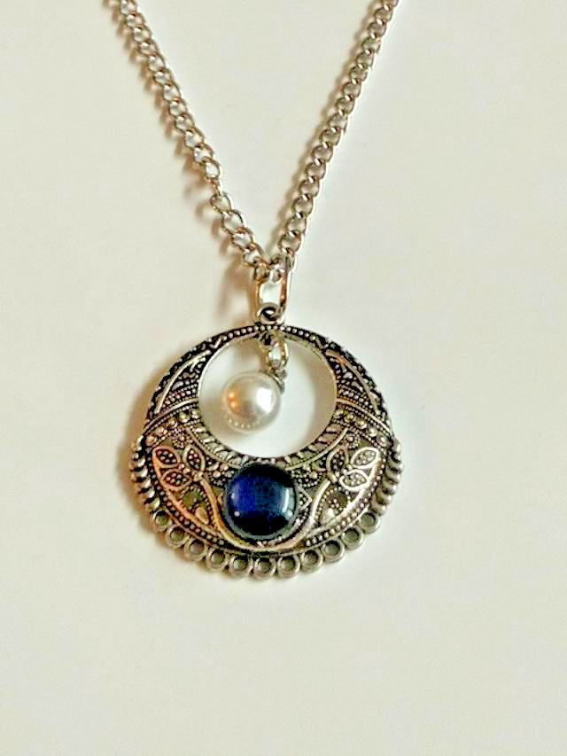 Silver Tone Filigree Blue Cabochon Faux Pearl Pendant Necklace 36"