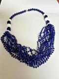 24" navy blue and white multi-strand beaded statement necklace