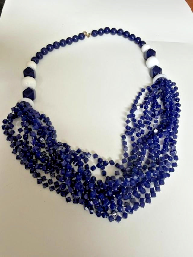 24" navy blue and white multi-strand beaded statement necklace