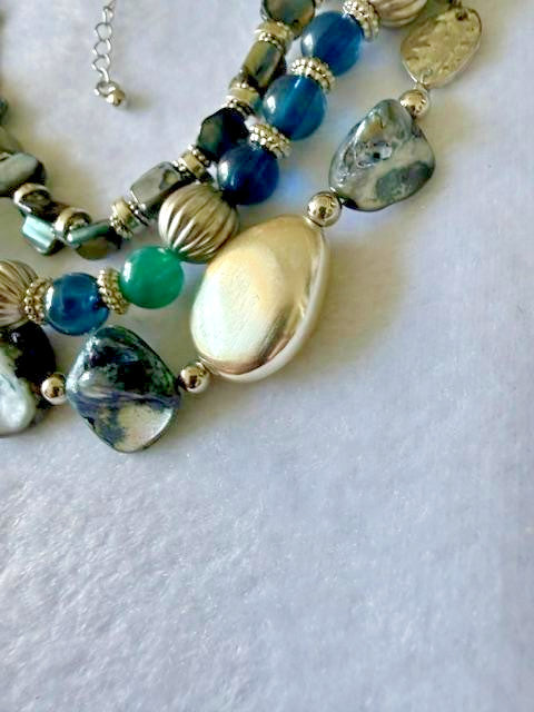 Blue Gray Multi-Strand Shell Bead Statement Necklace Silver Tone 21"