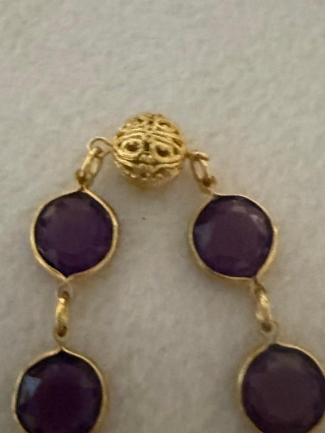 Vintage Purple Glass Bezel Link Necklace Faux Pearl Gold Tone 33"