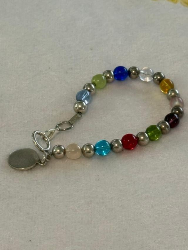 Vtg 90s Sterling Silver Round Bead Glass Bead Bracelet Toggle Clasp 7.5”
