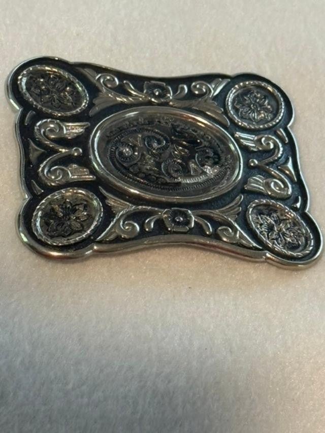 Silver Tone Floral Western Belt Buckle Vintage Style 3.25x2.5