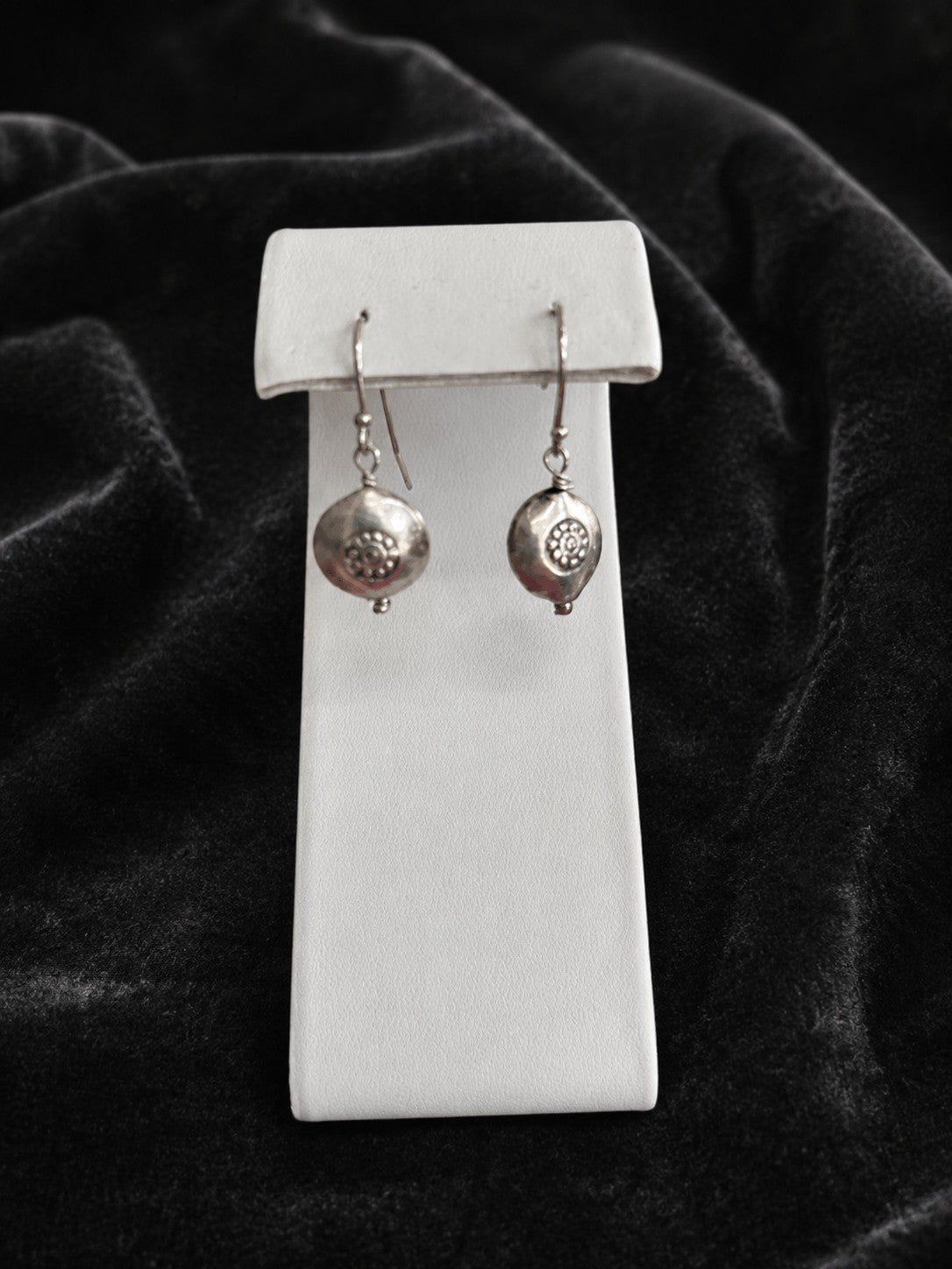 Silver-Tone Puffed Disc Rosette Dangle Earrings Fishhook