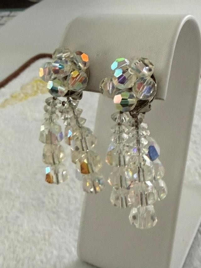 Vintage AB Crystal Bead Cluster Dangle Clip On Earrings Clear Aurora Borealis