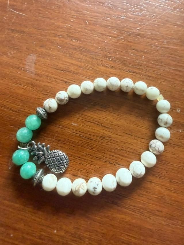 Handmade White Howlite Aqua Bead Stretch Bracelet Pineapple Charm