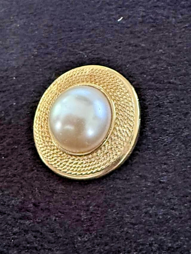 OOAK Faux Pearl Gold Tone Round Brooch Upcycled Vintage Earring Pin 1.5"