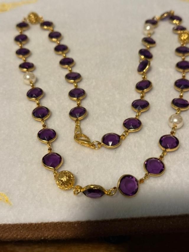Vintage Purple Glass Bezel Link Necklace Faux Pearl Gold Tone 33"