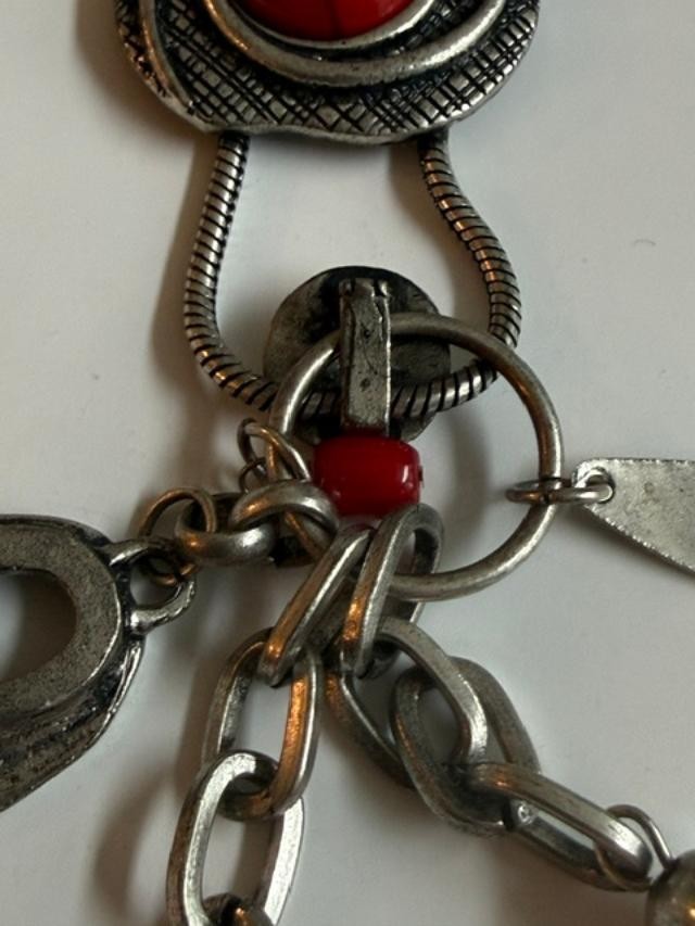 Boho Silver Tone Red Turquoise Color Cabochon Lariat Necklace 26