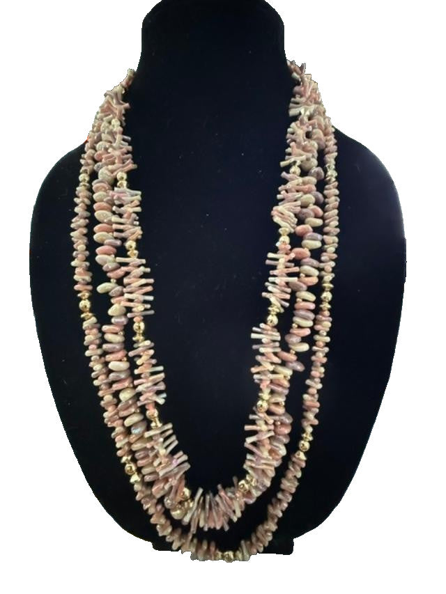Vintage 27" Pink AB Shell Chip 3 Strand Statement Necklace Gold Tone Boho