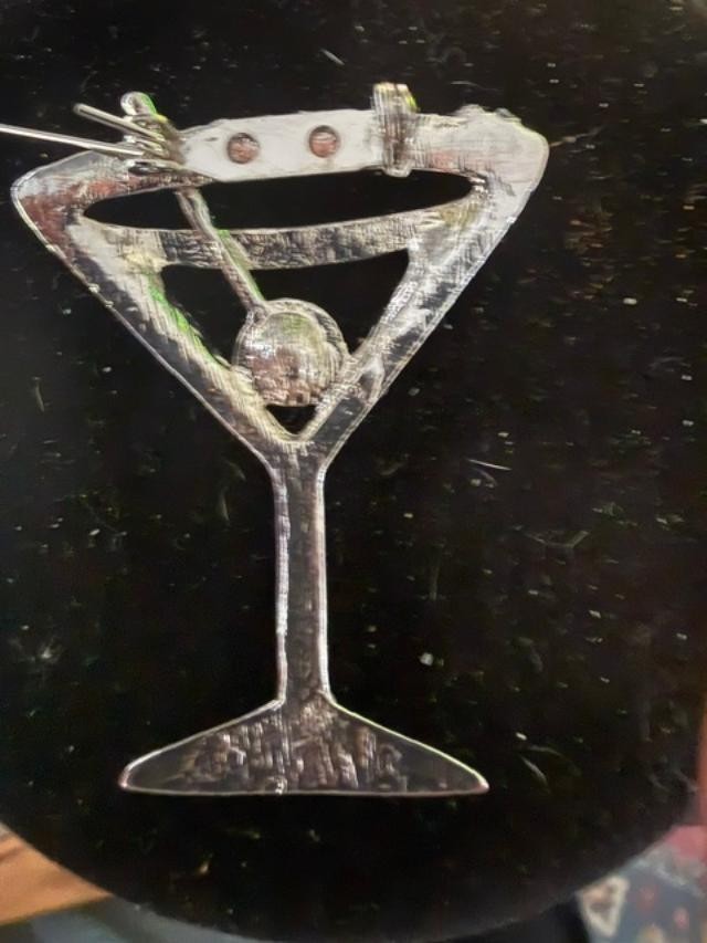 Vintage Style Martini Glass Brooch Silver Tone Rhinestone Cocktail Pin Green Oli