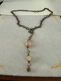 Vintage Style Bronze Tone Y Drop Necklace Champagne Amber Beads 22"