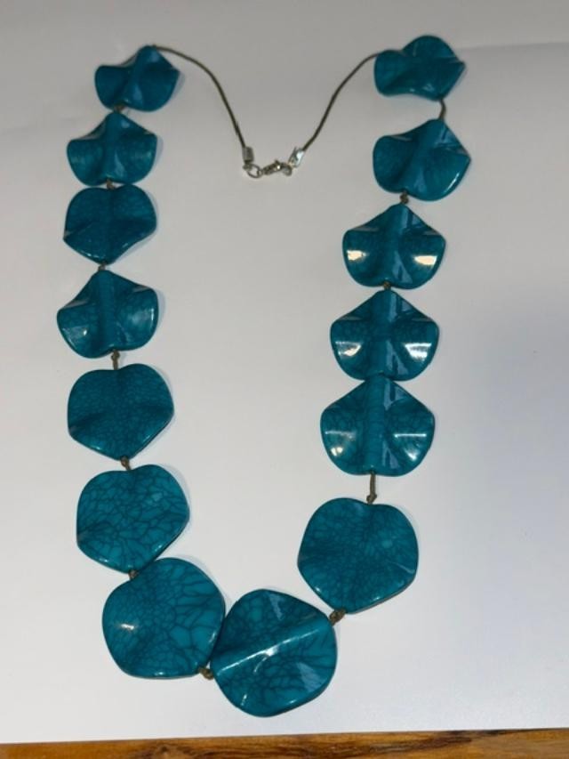 Teal Faux Turquoise Large Sculptural Bead Necklace 30" individually Knotted