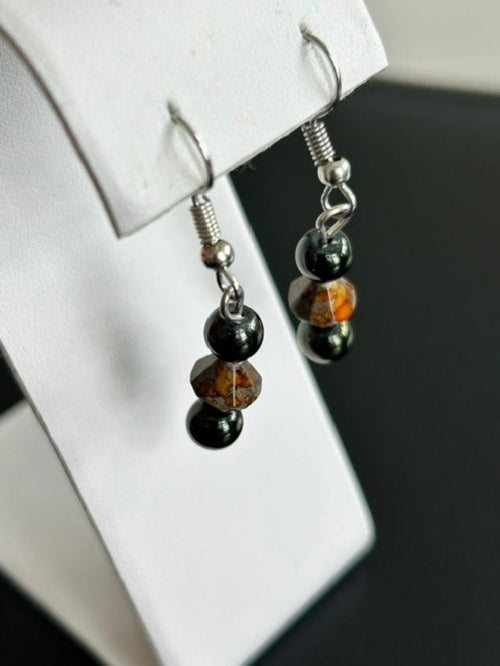 Black & Amber Faceted Bead Dangle Earrings Silver-Tone Fishhook