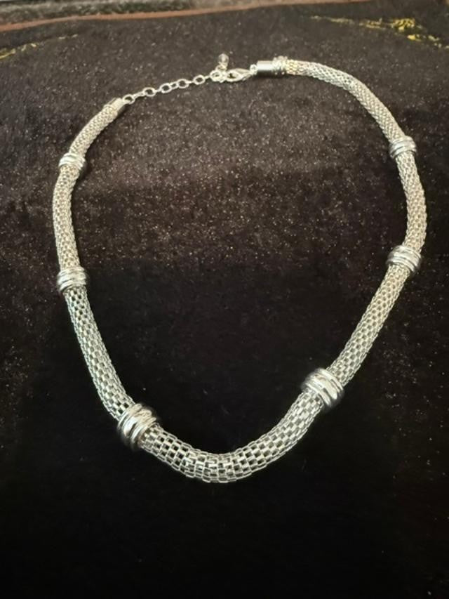 Silver Tone Mesh Necklace with Spacer Rings 15–18 in Adjustable