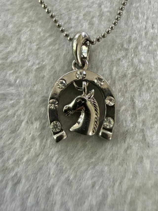 Vintage Equestrian Charm Necklace Silver Tone Horse & Horseshoe - 18 Inch