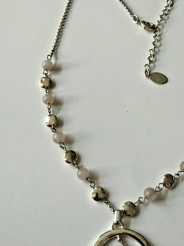 Signed A&C Oslo Silver Tone Pink Bead Circle Pendant Necklace 20”
